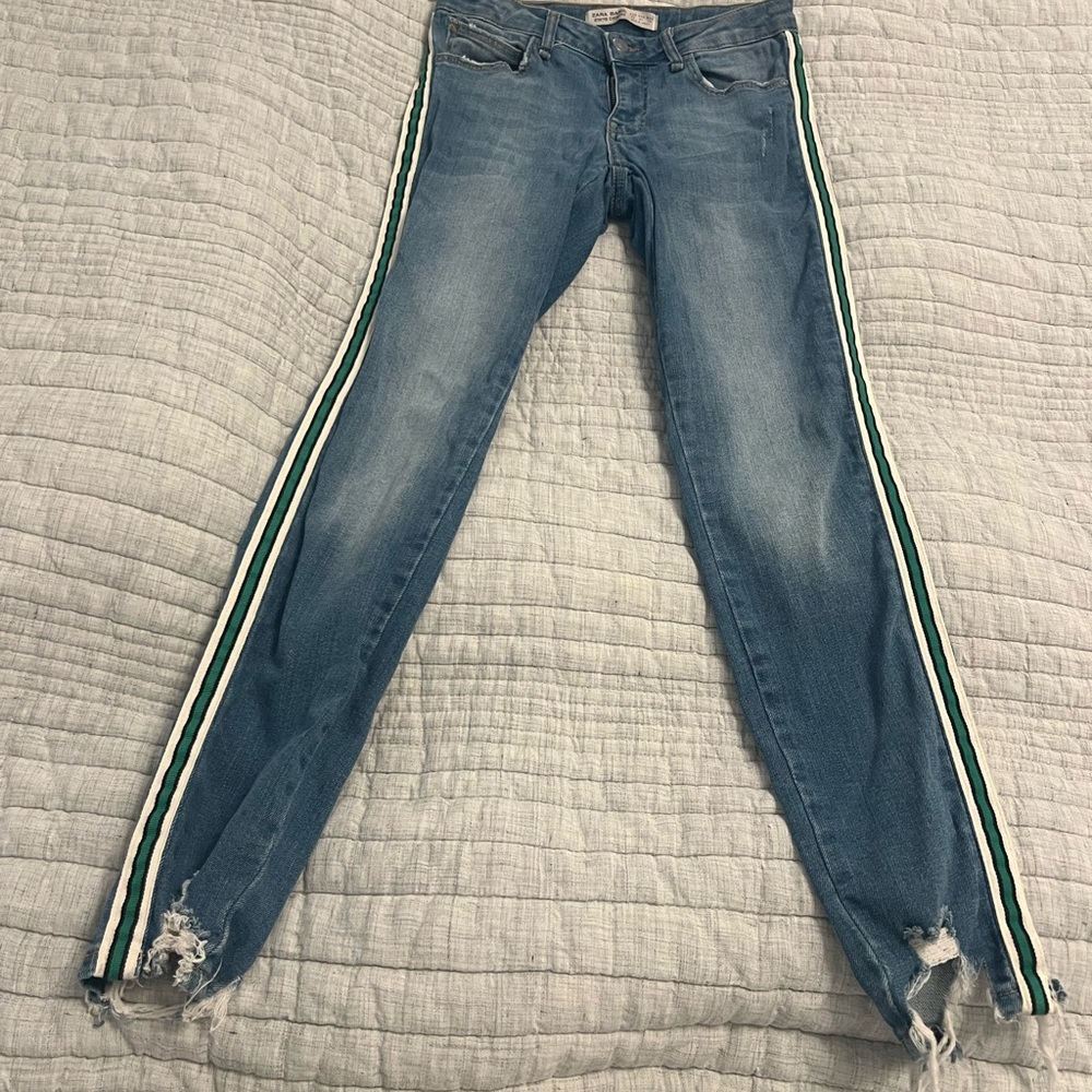 Zara Blue Jeans with White and Green Stripes